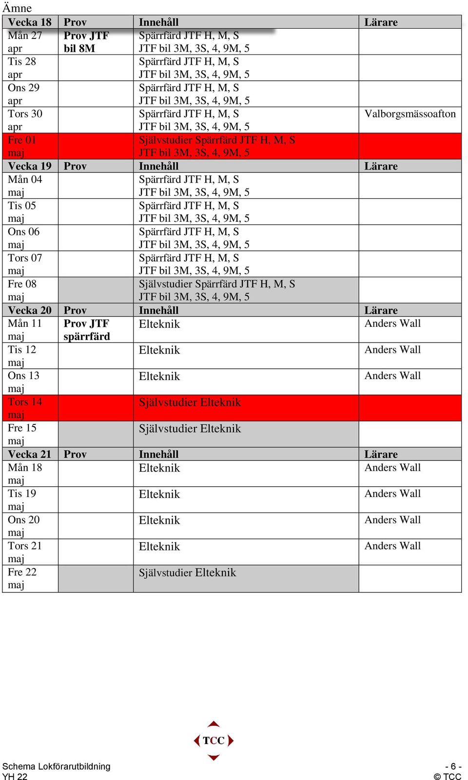 Prov Innehåll Lärare Mån 11 Prov JTF spärrfärd Tis 12 Ons 13 Tors 14 Självstudier Fre 15 Självstudier