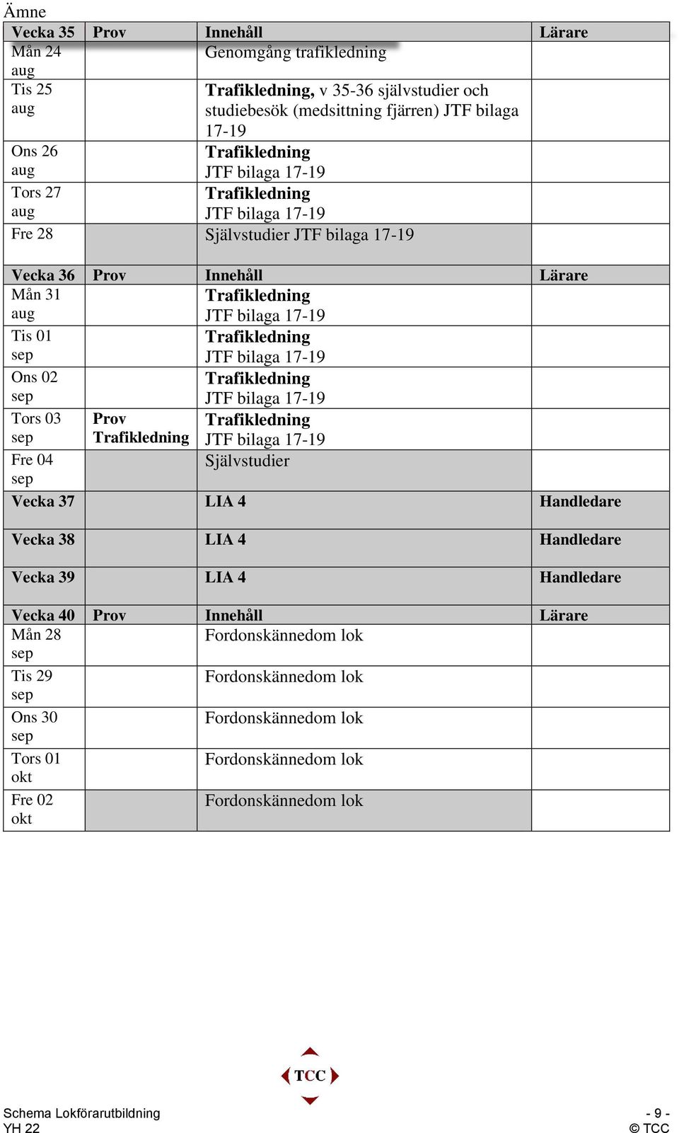 Mån 31 aug Tis 01 Ons 02 Tors 03 Prov Fre 04 Självstudier Vecka 37 LIA 4 Handledare Vecka 38 LIA 4 Handledare