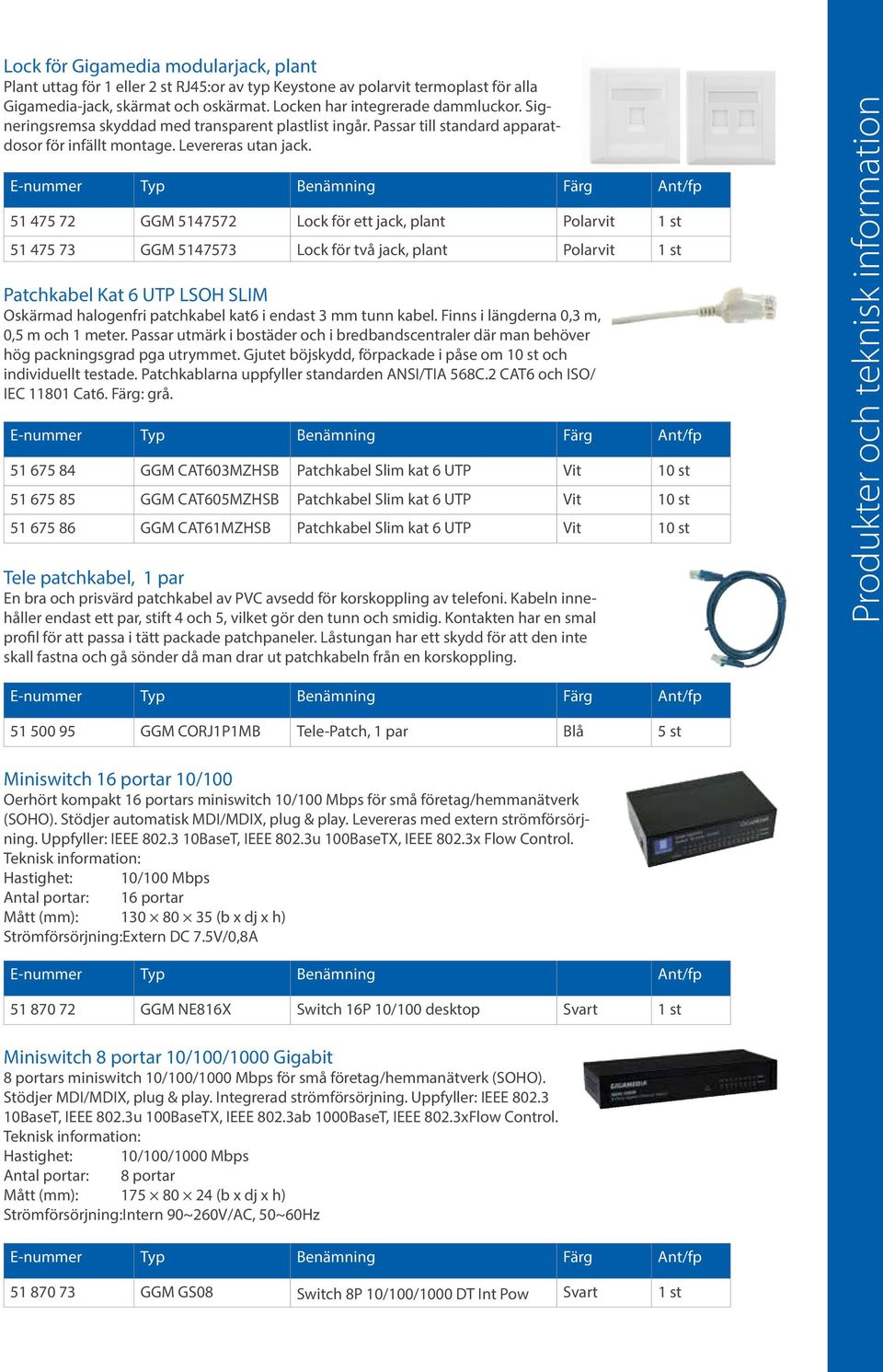 E-nummer Typ Benämning Färg Ant/fp 51 475 72 GGM 5147572 Lock för ett jack, plant Polarvit 1 st 51 475 73 GGM 5147573 Lock för två jack, plant Polarvit 1 st Patchkabel Kat 6 UTP LSOH SLIM Oskärmad