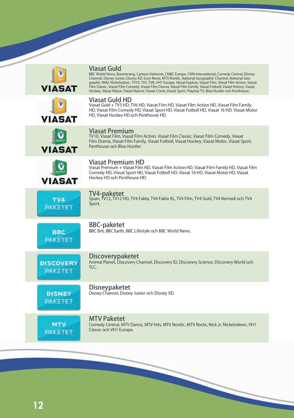 Fotboll, Viasat History, Viasat Hockey, Viasat Motor, Viasat Nature, Viasat Crime, Viasat Sport, Playboy TV, Blue Hustler och Penthouse.