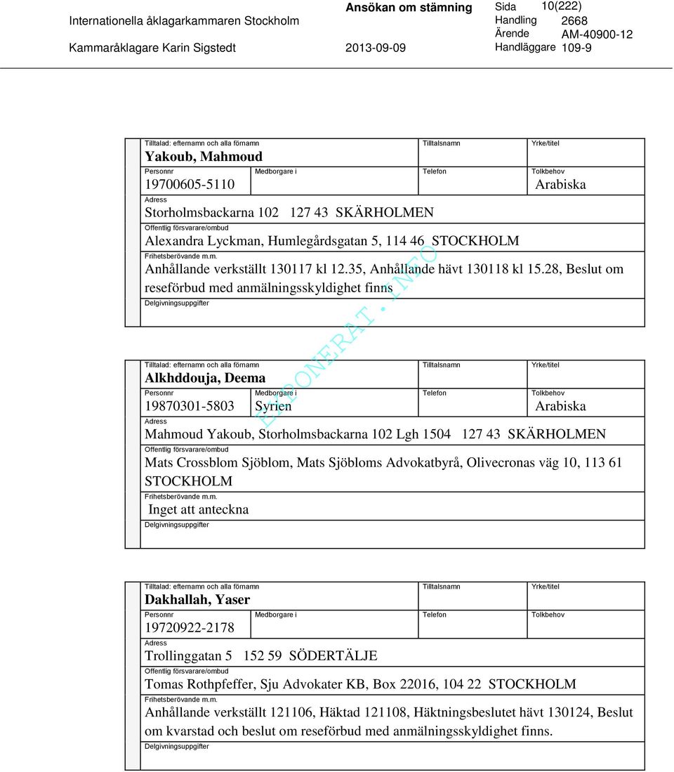 28, Beslut om reseförbud med anmälningsskyldighet finns Delgivningsuppgifter Tilltalad: efternamn och alla förnamn Tilltalsnamn Yrke/titel Alkhddouja, Deema Personnr Medborgare i Telefon Tolkbehov