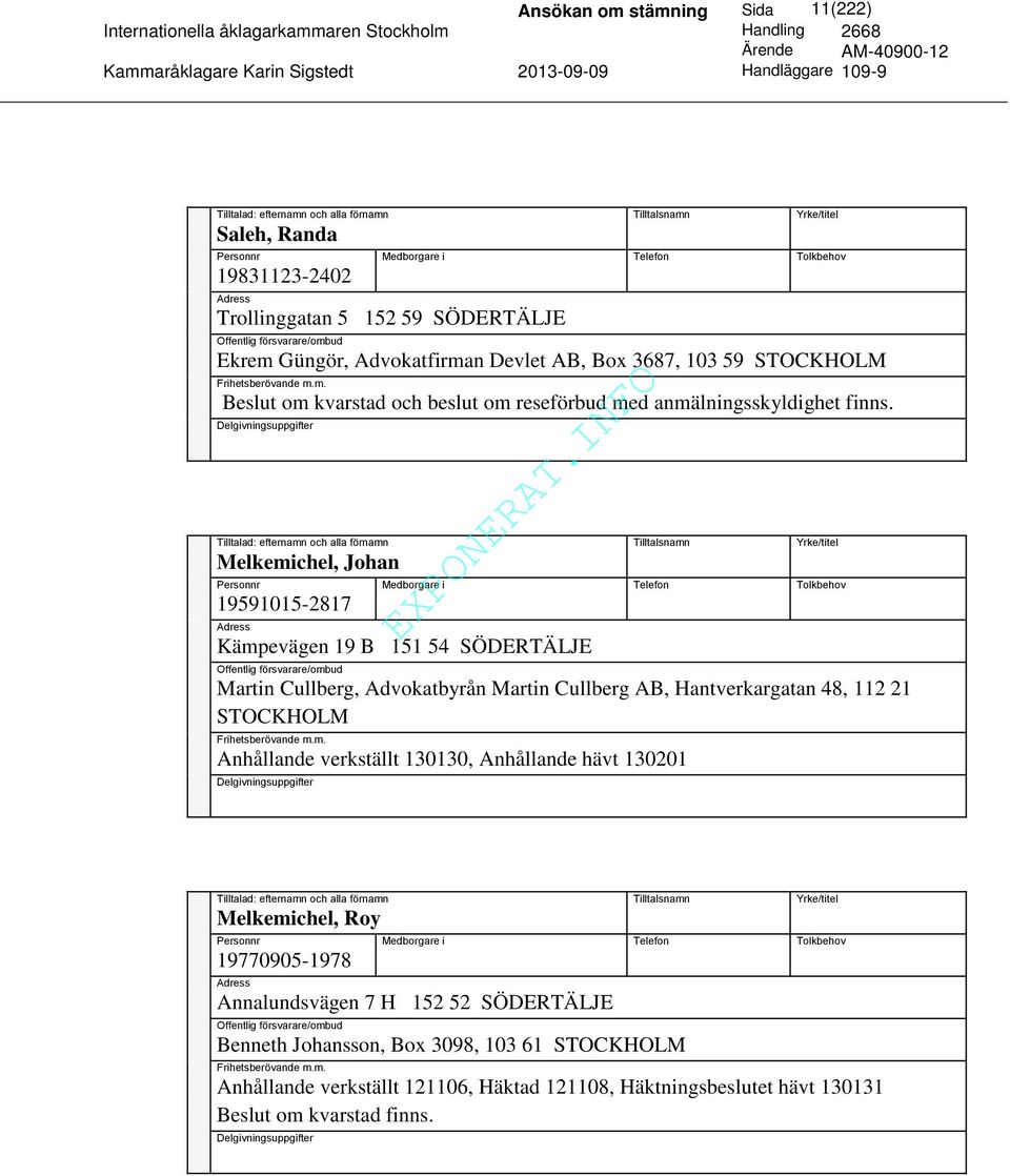 Delgivningsuppgifter Tilltalad: efternamn och alla förnamn Tilltalsnamn Yrke/titel Melkemichel, Johan Personnr Medborgare i Telefon Tolkbehov 19591015-2817 Adress Kämpevägen 19 B 151 54 SÖDERTÄLJE