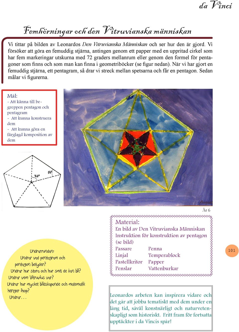 och som man kan finna i geometriböcker (se figur nedan). När vi har gjort en femuddig stjärna, ett pentagram, så drar vi streck mellan spetsarna och får en pentagon. Sedan målar vi figurerna.