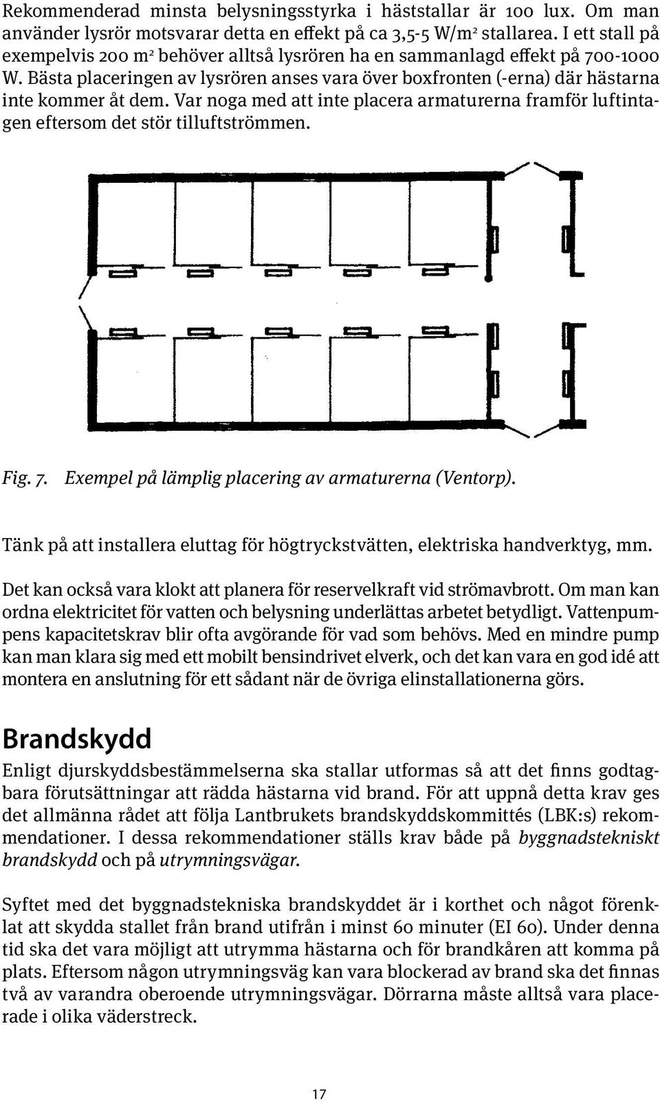 Var noga med att inte placera armaturerna framför luftintagen eftersom det stör tilluftströmmen. Fig. 7. Exempel på lämplig placering av armaturerna (Ventorp).