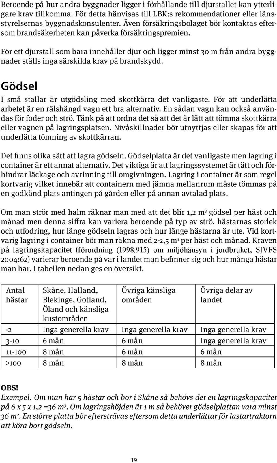 För ett djurstall som bara innehåller djur och ligger minst 30 m från andra byggnader ställs inga särskilda krav på brandskydd. Gödsel I små stallar är utgödsling med skottkärra det vanligaste.