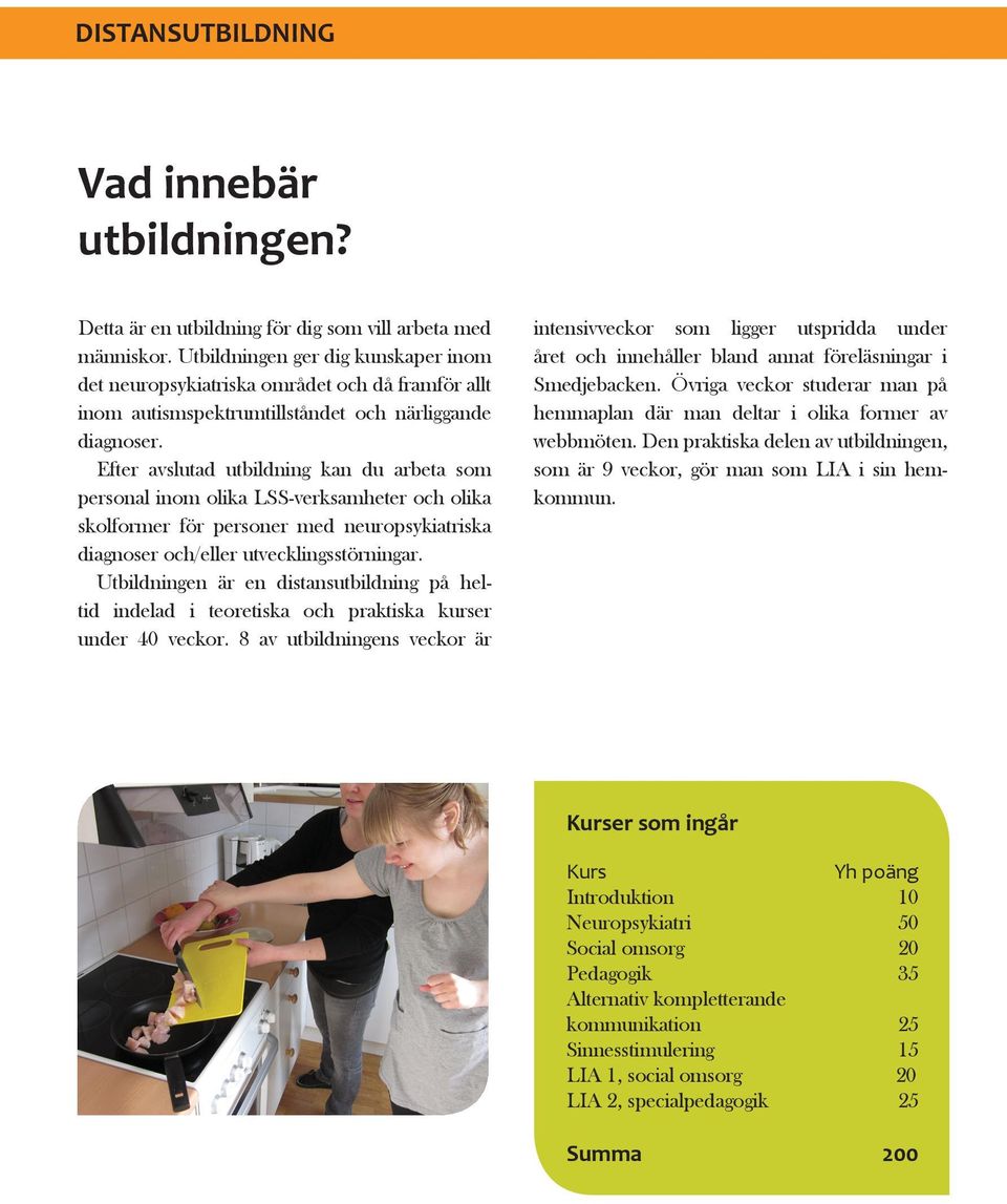 Efter avslutad utbildning kan du arbeta som personal inom olika LSS-verksamheter och olika skolformer för personer med neuropsykiatriska diagnoser och/eller utvecklingsstörningar.