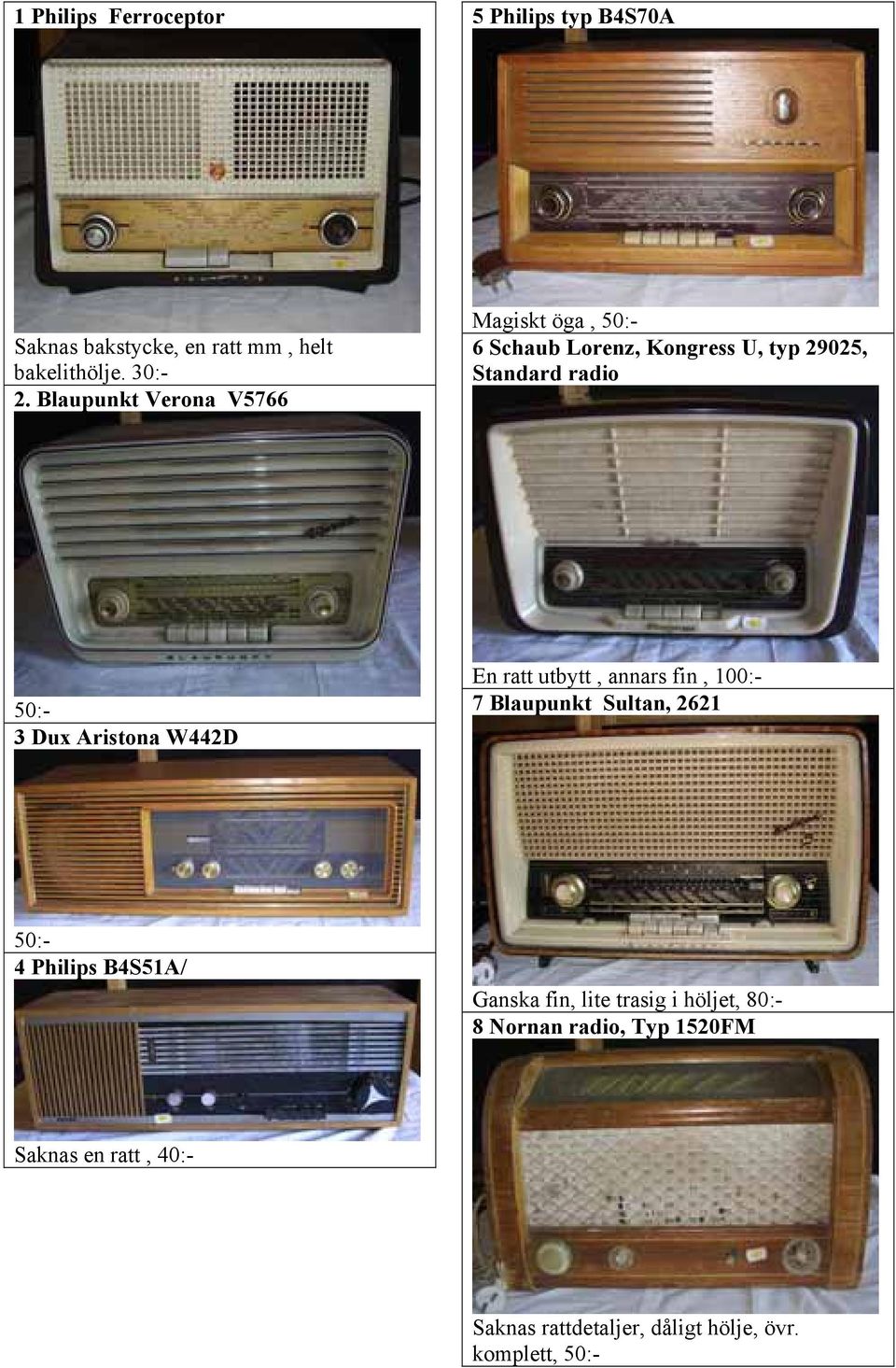Aristona W442D En ratt utbytt, annars fin, 100:- 7 Blaupunkt Sultan, 2621 50:- 4 Philips B4S51A/ Ganska fin,