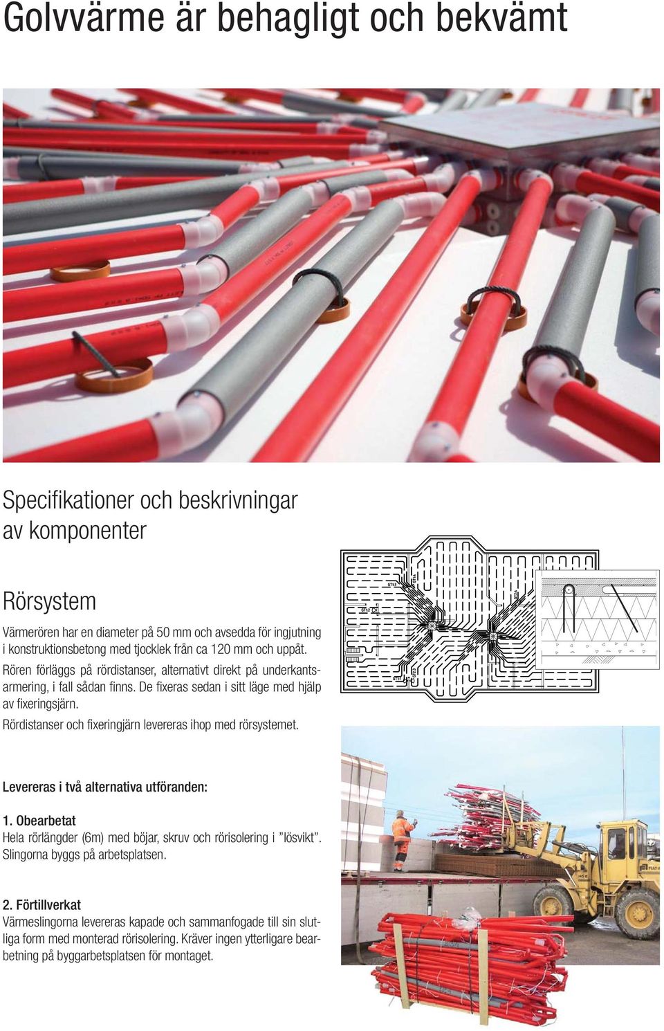 Rördistanser och fixeringjärn levereras ihop med rörsystemet. Levereras i två alternativa utföranden: 1. Obearbetat Hela rörlängder (6m) med böjar, skruv och rörisolering i lösvikt.