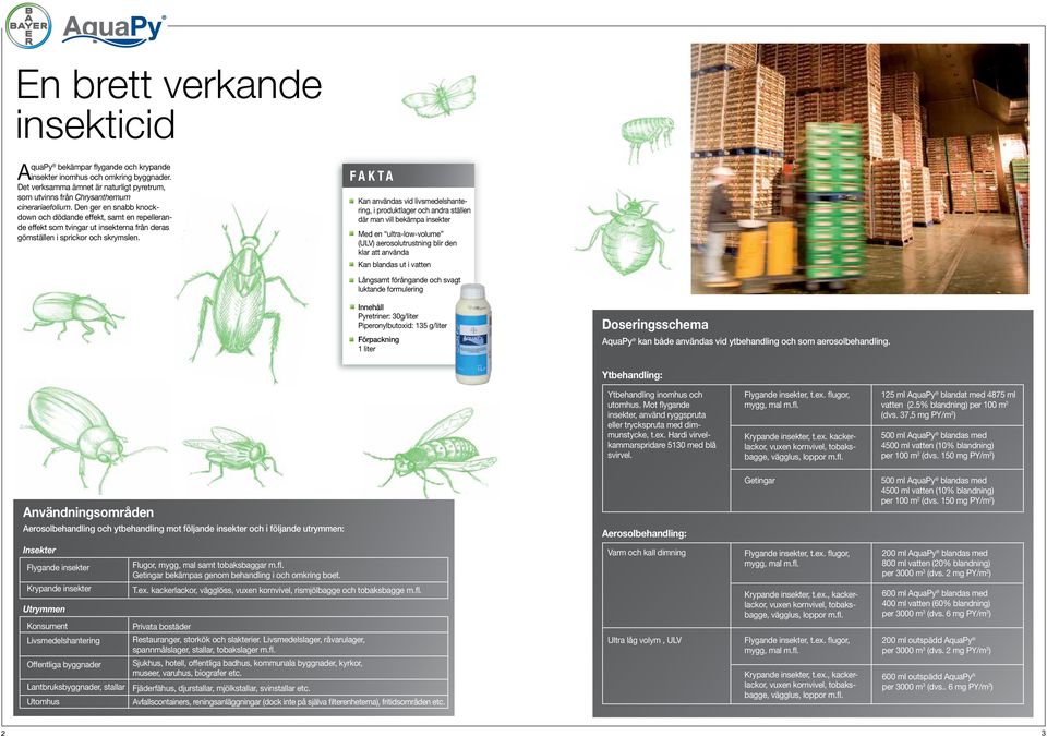 Kan användas vid livsmedelshantering, i produktlager och andra ställen där man vill bekämpa insekter Med en ultra-low-volume (ULV) aerosolutrustning blir den klar att använda Kan blandas ut i vatten