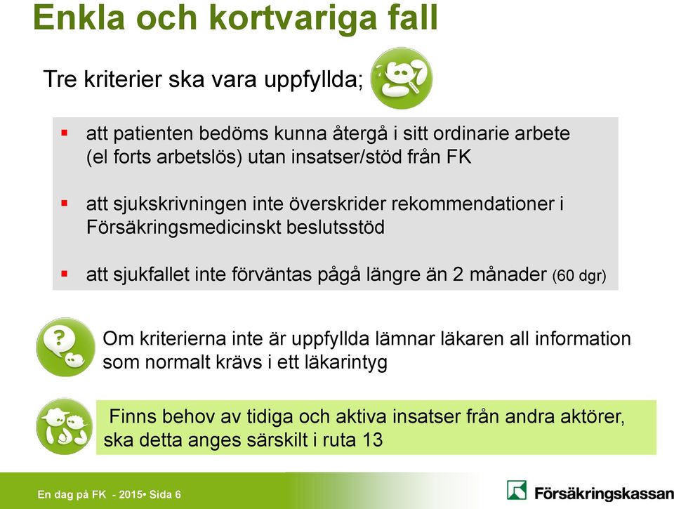 sjukfallet inte förväntas pågå längre än 2 månader (60 dgr) Om kriterierna inte är uppfyllda lämnar läkaren all information som normalt