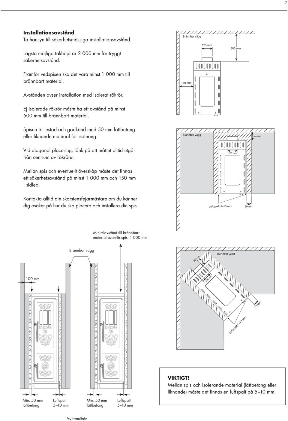 Ej isolerade rökrör måste ha ett avstånd på minst 500 mm till brännbart material. Spisen är testad och godkänd med 50 mm lättbetong eller liknande material för isolering.