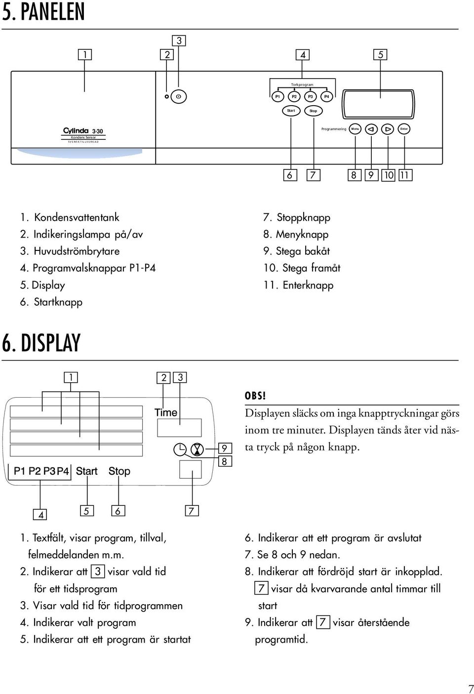 Displayen släcks om inga knapptryckningar görs inom tre minuter. Displayen tänds åter vid nästa tryck på någon knapp. 4 5 6 7 1. Textfält, visar program, tillval, felmeddelanden m.m. 2.