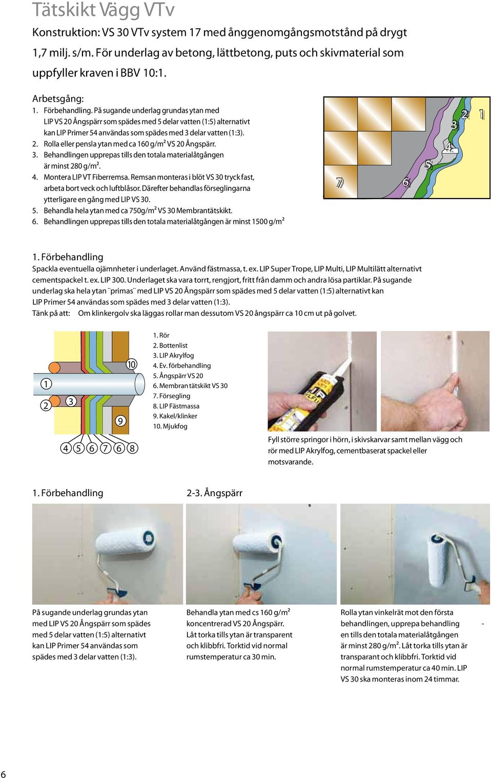 . Rolla eller pensla ytan med ca 0 g/m VS 0 Ångspärr.. Behandlingen upprepas tills den totala materialåtgången är minst 80 g/m.. Montera LIP VT Fiberremsa.