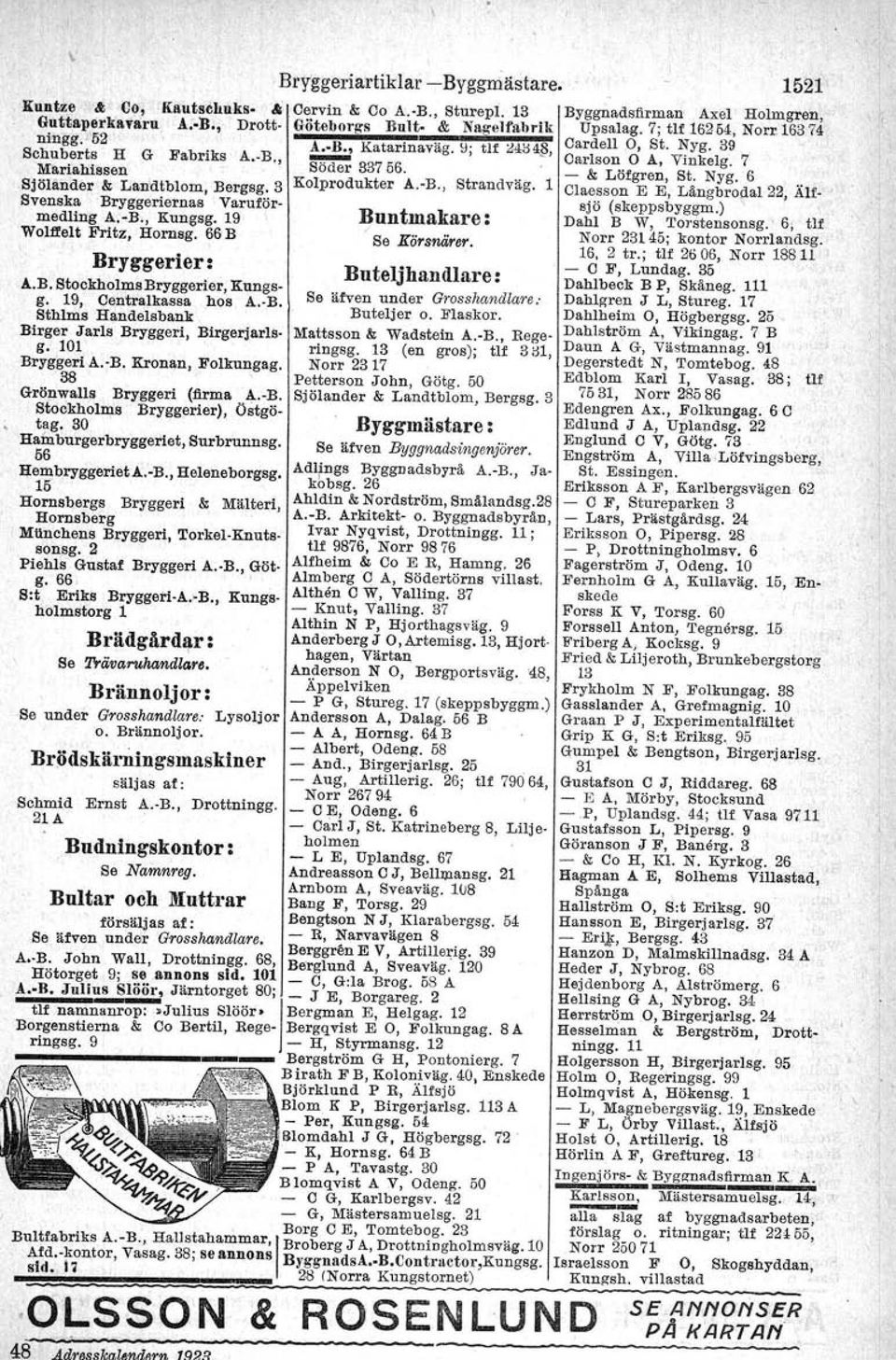 19 Buntmakare: Wol1felt Fritz, Hornsg, 66 B Se Körsnärer. Bryggerier: A.B. StockholmsBryggerier, Kungsg. 19, Centralkassa hos A. B. Sthlms Handelsbank Birger Jarls Bryggeri, Birgerjarls, g.