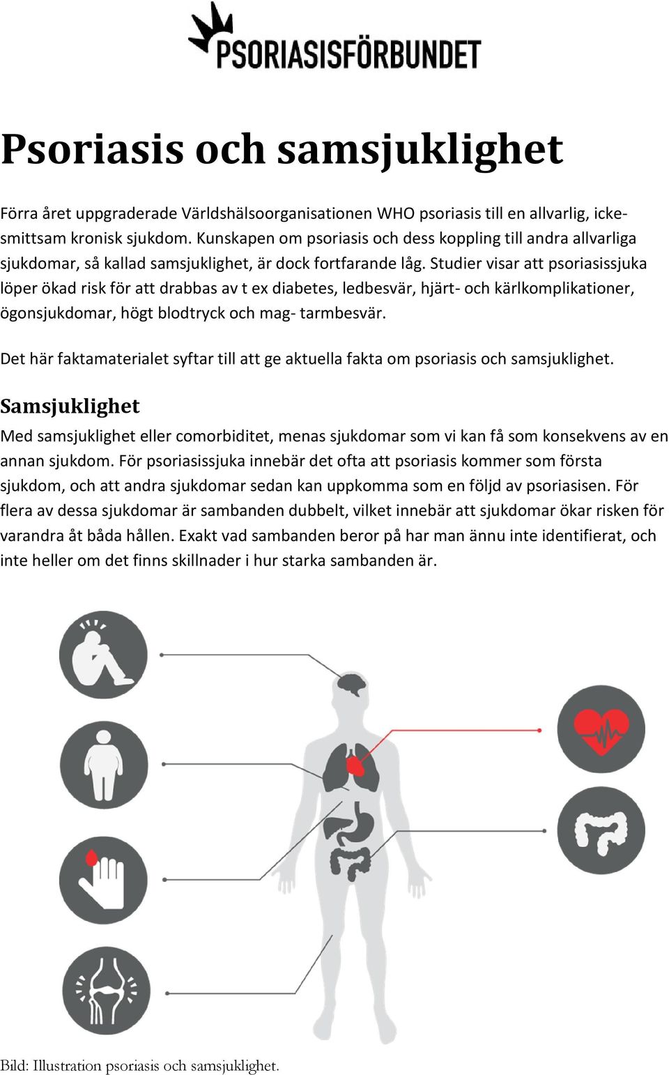 Studier visar att psoriasissjuka löper ökad risk för att drabbas av t ex diabetes, ledbesvär, hjärt- och kärlkomplikationer, ögonsjukdomar, högt blodtryck och mag- tarmbesvär.