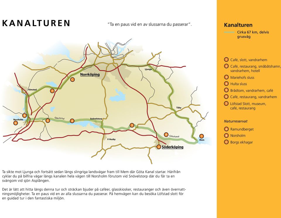 vandrarhem Tåby 7 Löfstad Slott, museum, café, restaurang Norsholm 6 Göta kanal Snövelstorp Ramundberget V Husby Göta kanal Söderköping Mem Norsholm orgs ekhagar Ta sikte mot Ljunga och fortsätt