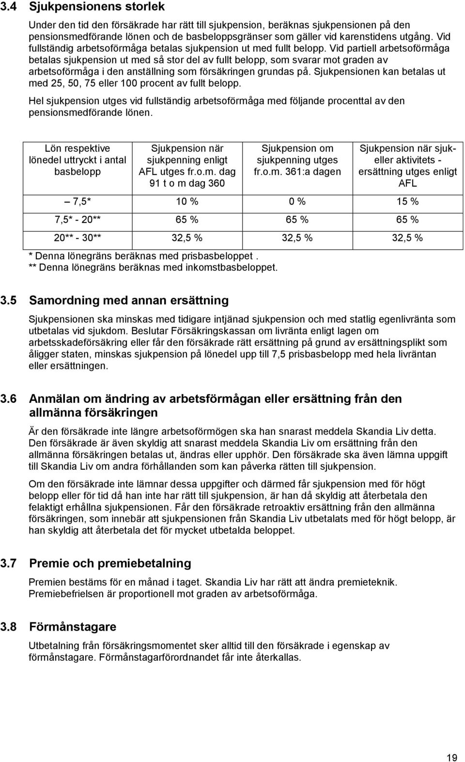 Vid partiell arbetsoförmåga betalas sjukpension ut med så stor del av fullt belopp, som svarar mot graden av arbetsoförmåga i den anställning som försäkringen grundas på.