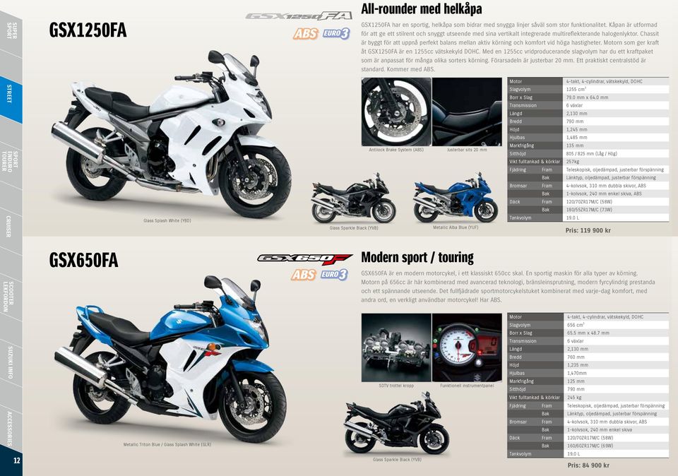 Chassit är byggt för att uppnå perfekt balans mellan aktiv körning och komfort vid höga hastigheter. n som ger kraft åt GSX1250FA är en 1255cc vätskekyld DOHC.