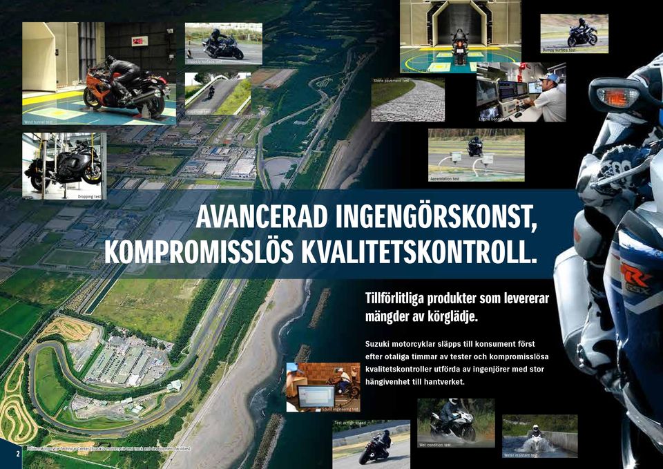 Suzuki motorcyklar släpps till konsument först efter otaliga timmar av tester och kompromisslösa kvalitetskontroller utförda av ingenjörer med stor