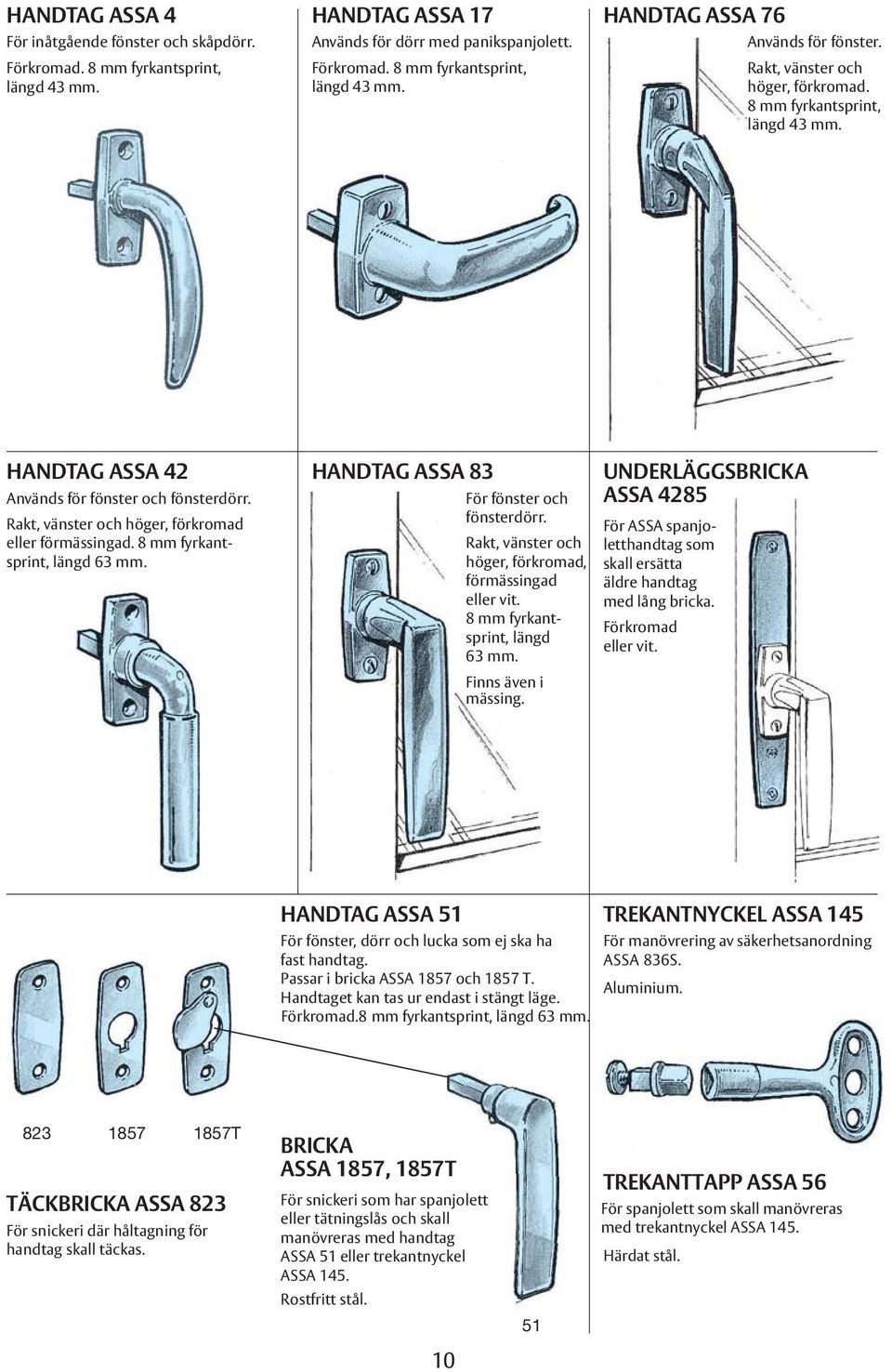 8 mm fyrkantsprint, längd 63 mm. HANDTAG ASSA 83 För fönster och fönsterdörr. Rakt, vänster och höger, förkromad, förmässingad eller vit. 8 mm fyrkantsprint, längd 63 mm. Finns även i mässing.