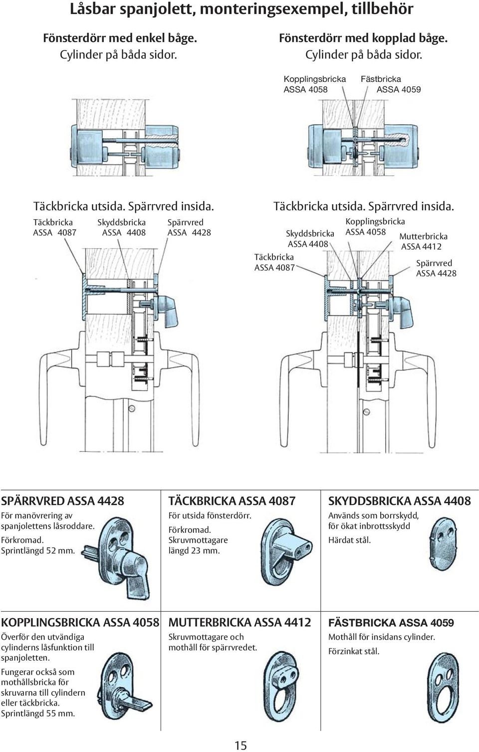 Täckbricka ASSA 4087 Skyddsbricka ASSA 4408 Kopplingsbricka ASSA 4058 Mutterbricka ASSA 4412 Spärrvred ASSA 4428 SPÄRRVRED ASSA 4428 För manövrering av spanjolettens låsroddare. Förkromad.