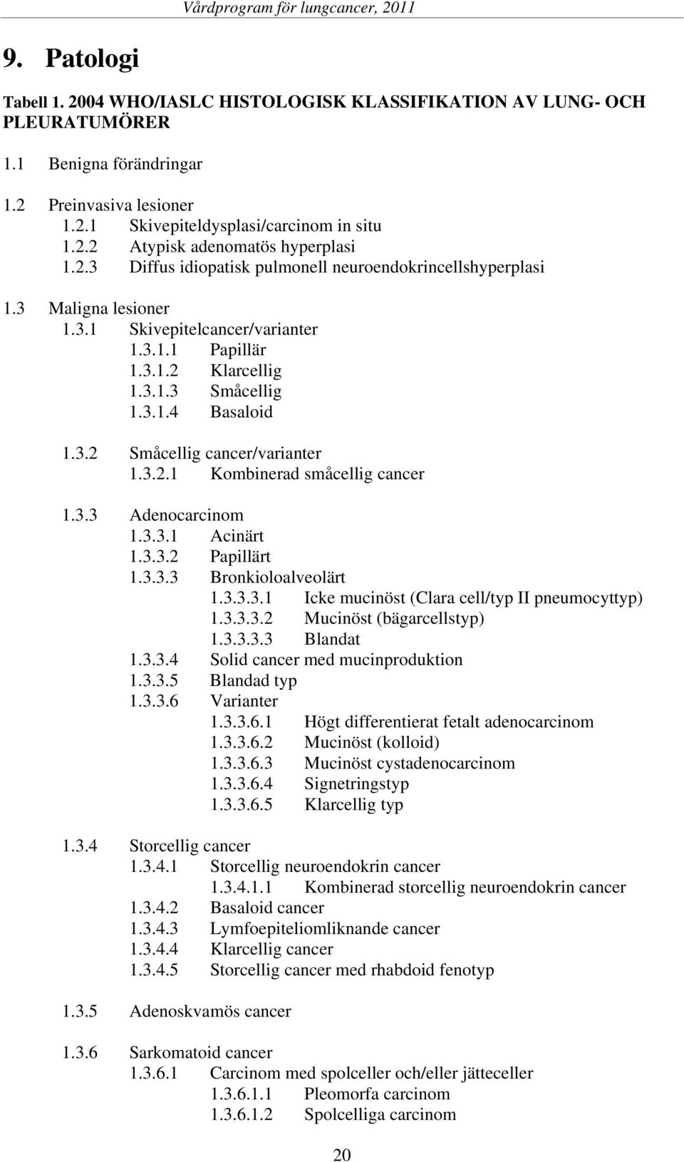 3.2.1 Kombinerad småcellig cancer 1.3.3 Adenocarcinom 1.3.3.1 Acinärt 1.3.3.2 Papillärt 1.3.3.3 Bronkioloalveolärt 1.3.3.3.1 Icke mucinöst (Clara cell/typ II pneumocyttyp) 1.3.3.3.2 Mucinöst (bägarcellstyp) 1.