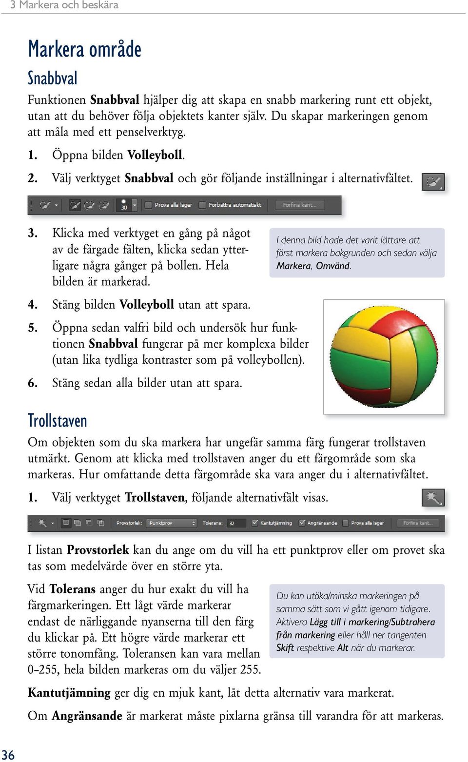 Klicka med verktyget en gång på något av de färgade fälten, klicka sedan ytterligare några gånger på bollen. Hela bilden är markerad. 4. Stäng bilden Volleyboll utan att spara. 5.