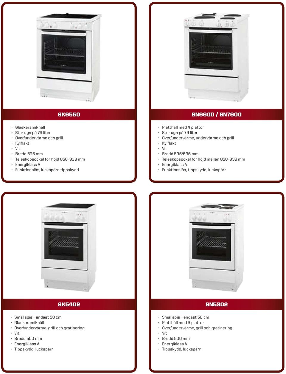 850 939 mm Energiklass A Funktionslås, tippskydd, luckspärr SK5402 Smal spis endast 50 cm Glaskeramikhäll Över/undervärme, grill och gratinering Vit Bredd 500 mm