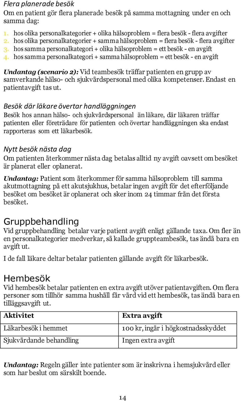 hos samma personalkategori + samma hälsoproblem = ett besök - en avgift Undantag (scenario 2): Vid teambesök träffar patienten en grupp av samverkande hälso- och sjukvårdspersonal med olika