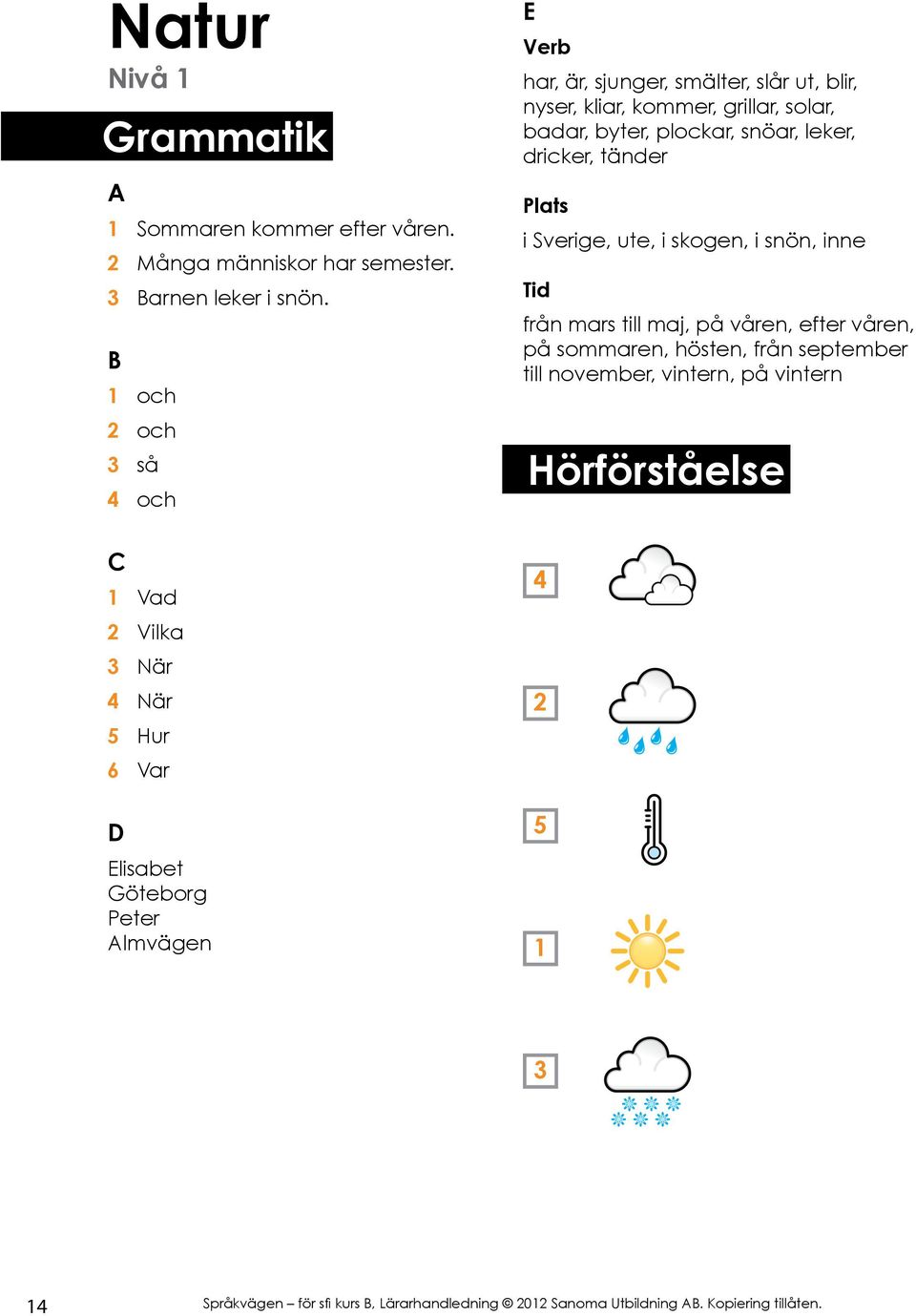 slår ut, blir, nyser, kliar, kommer, grillar, solar, badar, byter, plockar, snöar, leker, dricker, tänder i Sverige, ute,