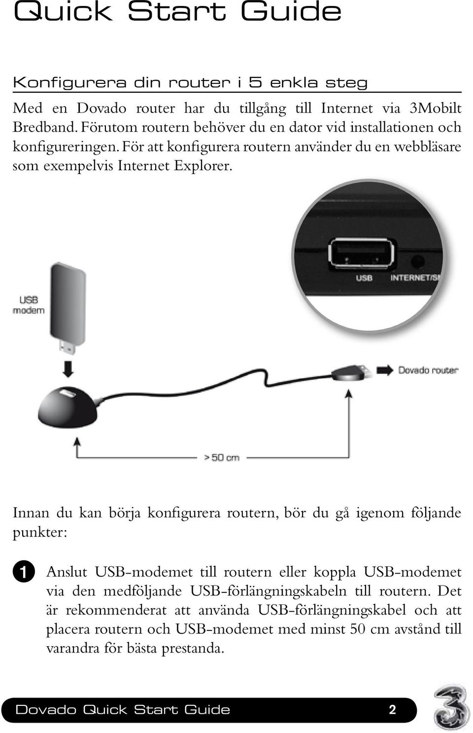 Innan du kan börja konfigurera routern, bör du gå igenom följande punkter: 1 Anslut USB-modemet till routern eller koppla USB-modemet via den medföljande