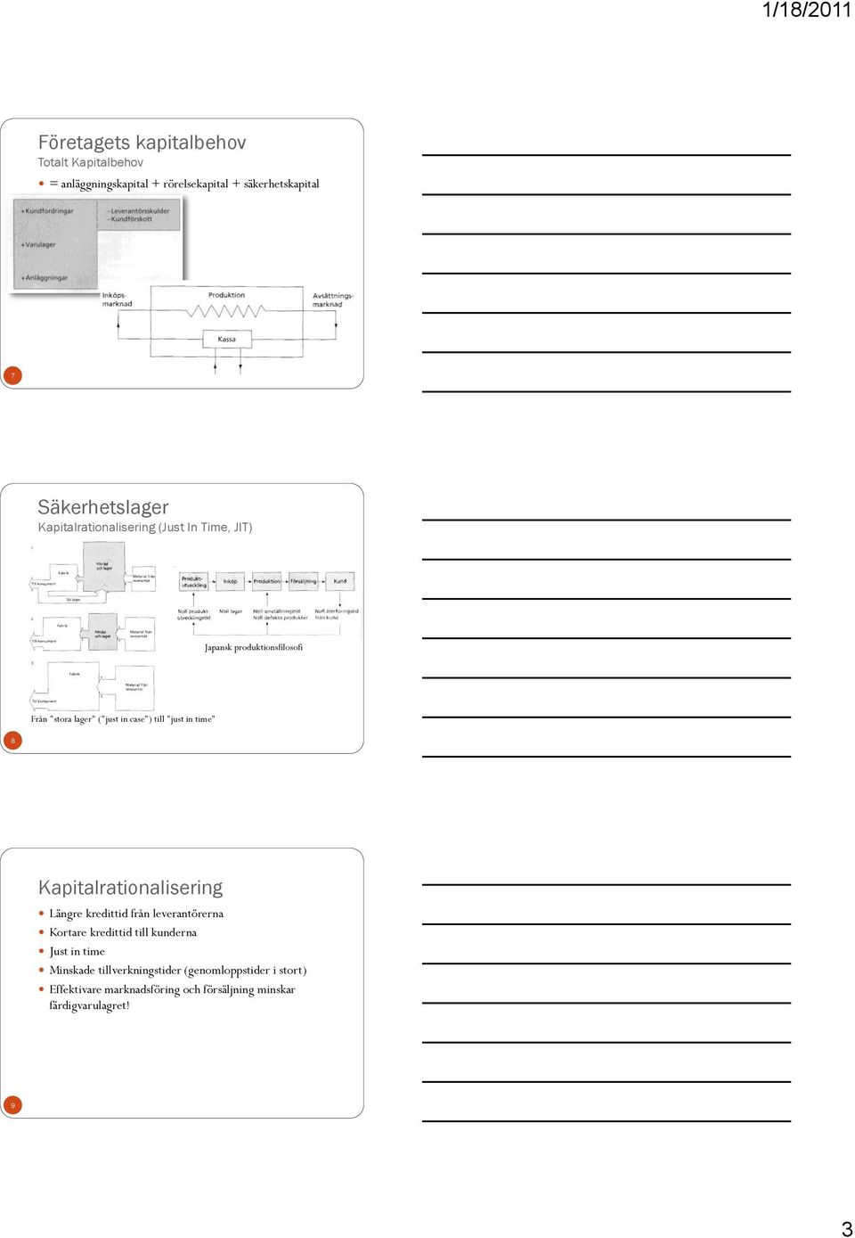 in time" 8 Kapitalrationalisering Längre kredittid från leverantörerna Kortare kredittid till kunderna Just in time