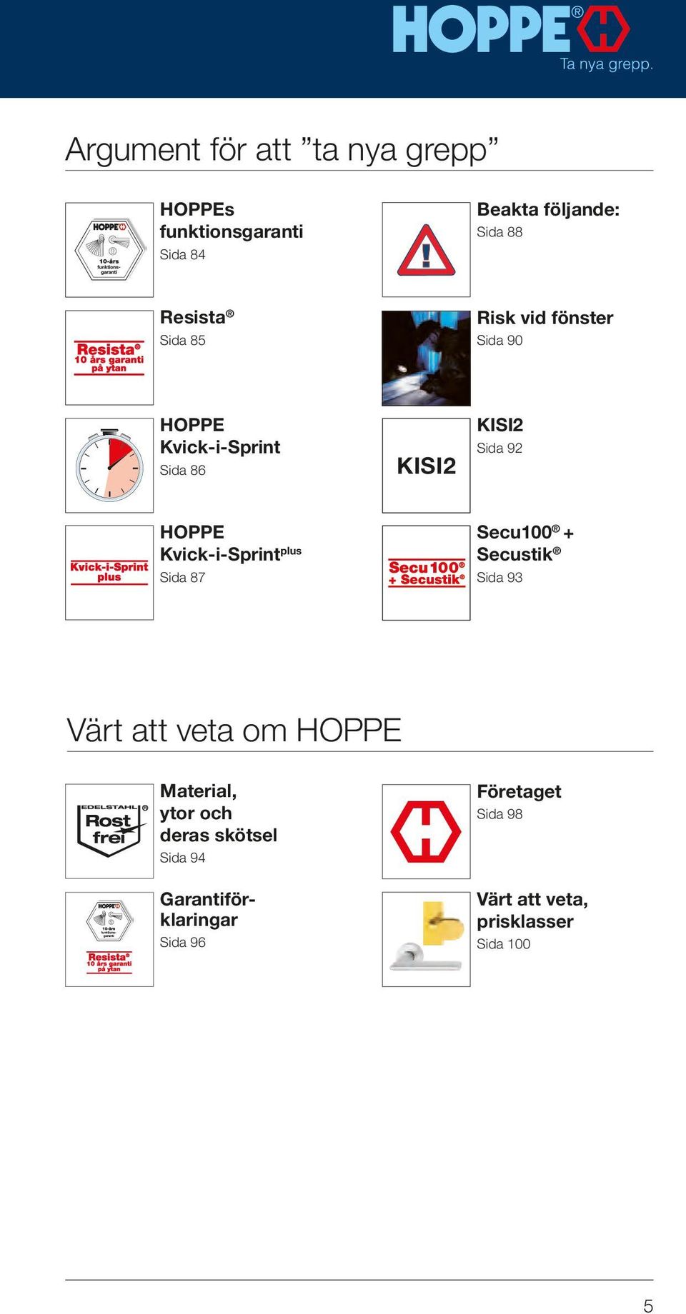 Kvick-i-Sprint plus Sida 87 Secu100 + Secustik Sida 93 Värt att veta om HOPPE Material, ytor och