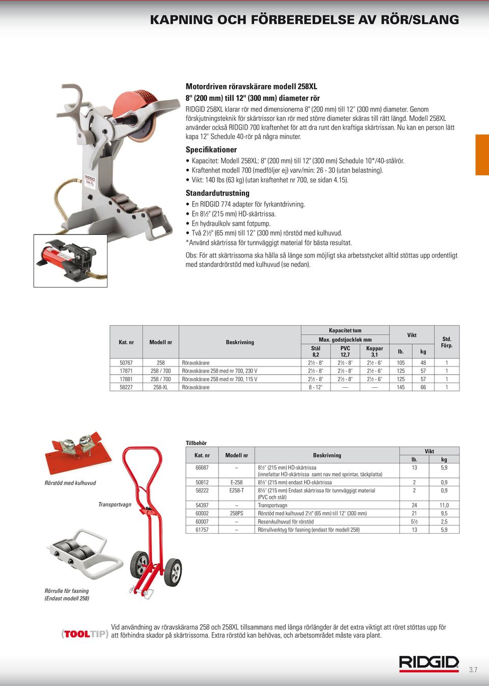 Nu kan en person lätt kapa 12" Schedule 40-rör på några minuter. Specifikationer Kapacitet: Modell 258XL: 8" (200 mm) till 12" (300 mm) Schedule 10*/40-stålrör.