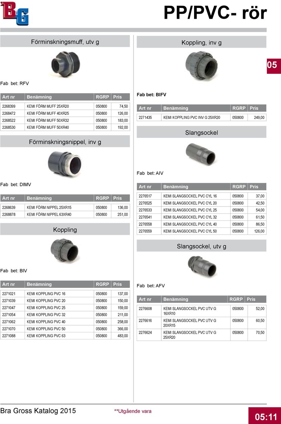 25XR15 050800 136,00 2268878 KEMI FÖRM NIPPEL 63XR40 050800 251,00 Koppling 2276517 KEMI SLANGSOCKEL PVC CYL 16 050800 37,00 2276525 KEMI SLANGSOCKEL PVC CYL 20 050800 42,50 2276533 KEMI SLANGSOCKEL