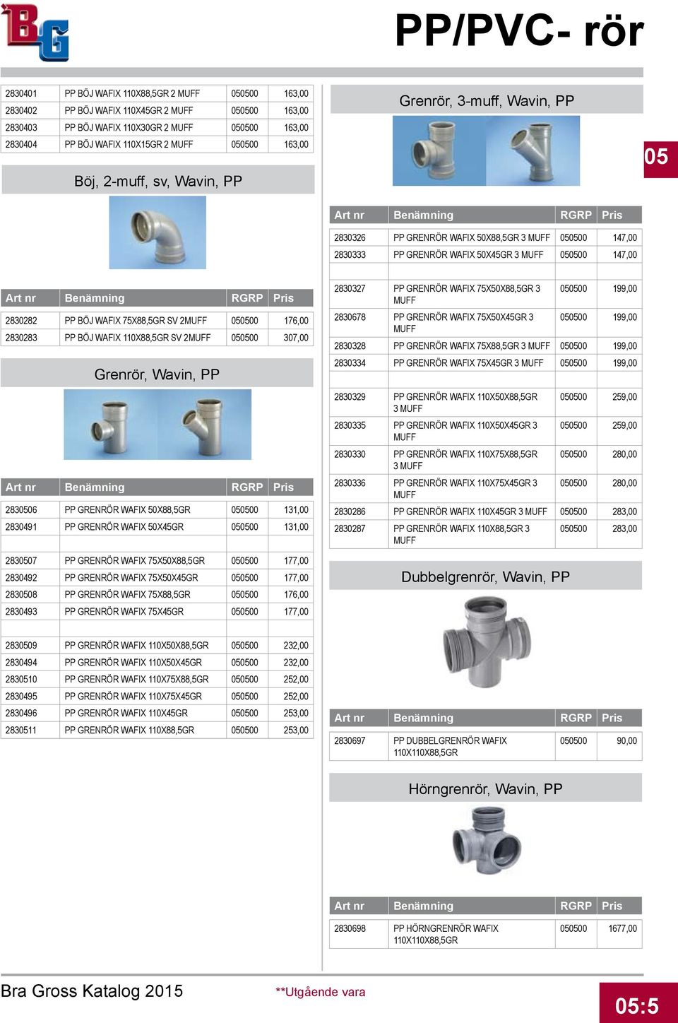 75X88,5GR SV 2MUFF 050500 176,00 2830283 PP BÖJ WAFIX 110X88,5GR SV 2MUFF 050500 307,00 Grenrör, Wavin, PP 2830506 PP GRENRÖR WAFIX 50X88,5GR 050500 131,00 2830491 PP GRENRÖR WAFIX 50X45GR 050500