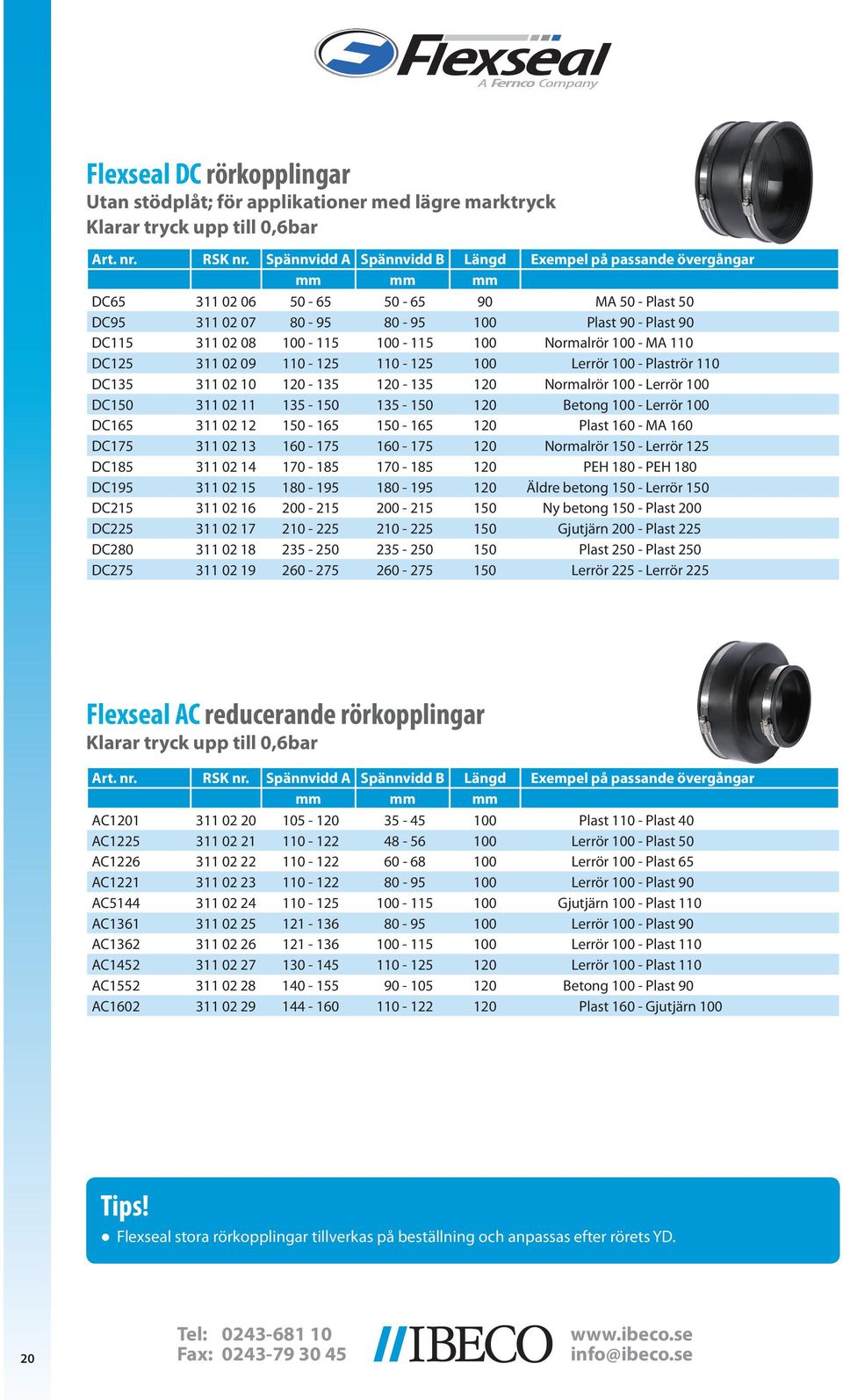 Normalrör 100 - MA 110 DC125 311 02 09 110-125 110-125 100 Lerrör 100 - Plaströr 110 DC135 311 02 10 120-135 120-135 120 Normalrör 100 - Lerrör 100 DC150 311 02 11 135-150 135-150 120 Betong 100 -