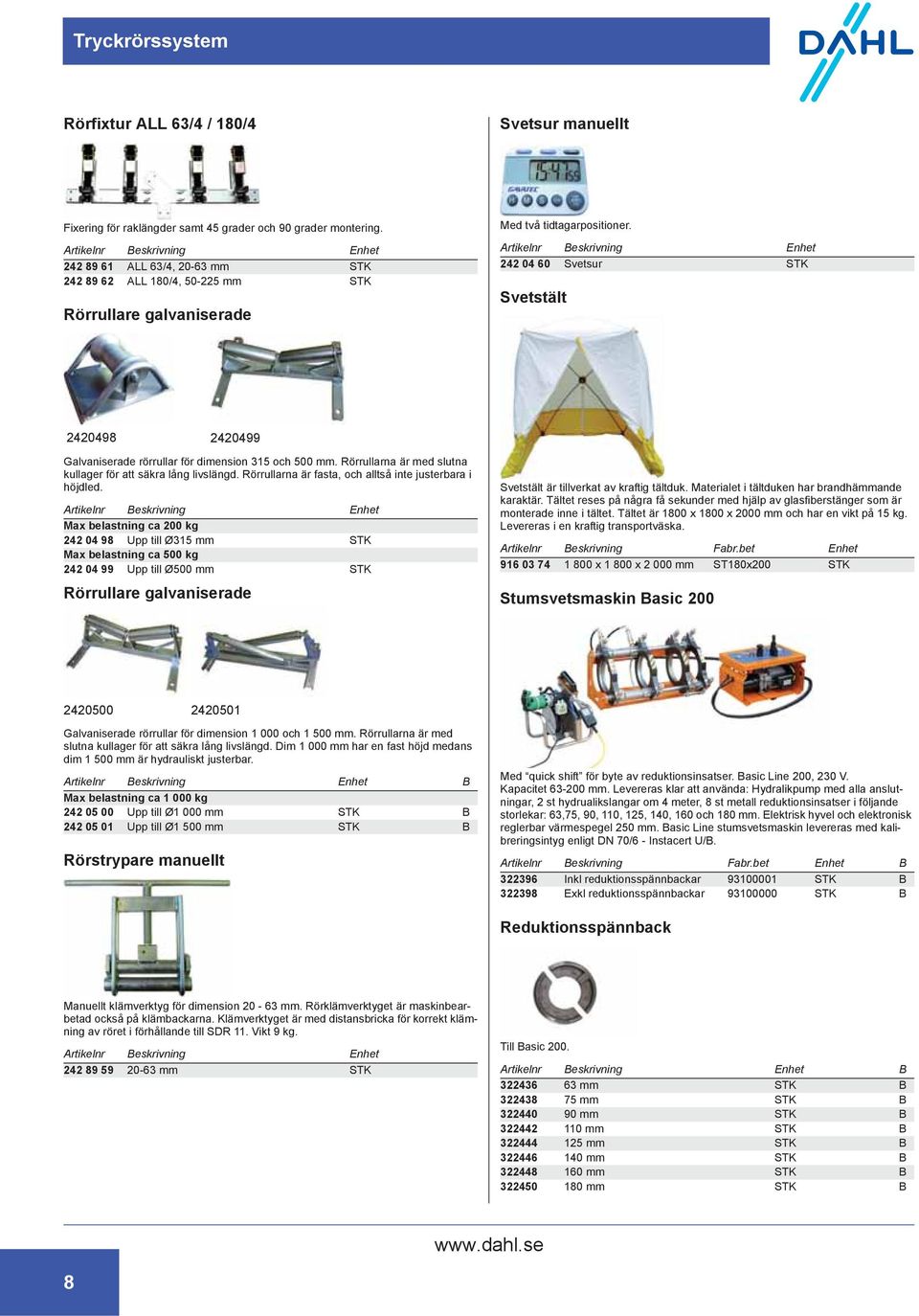 242 04 60 Svetsur STK Svetstält 2420498 2420499 Galvaniserade rörrullar för dimension 315 och 500 mm. Rörrullarna är med slutna kullager för att säkra lång livslängd.
