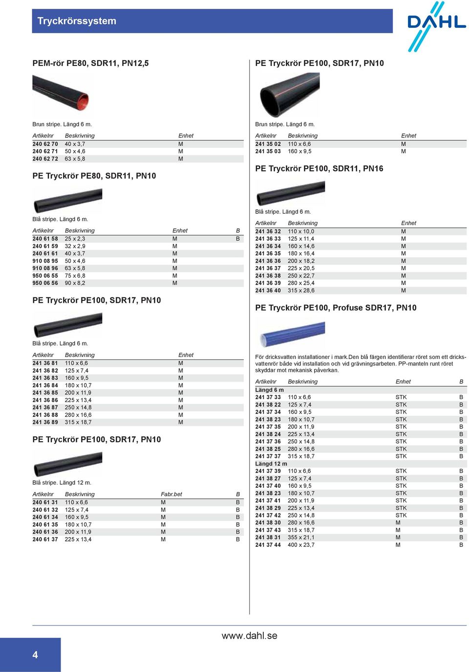 241 35 02 110 x 6,6 M 241 35 03 160 x 9,5 M PE Tryckrör PE100, SDR11, PN16 Blå stripe. Längd 6 m.