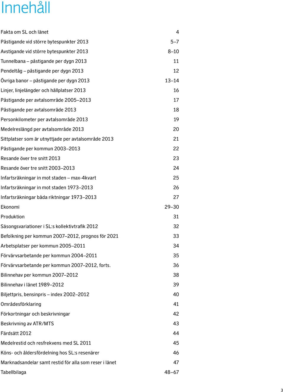 2013 19 Medelreslängd per avtalsområde 2013 20 Sittplatser som är utnyttjade per avtalsområde 2013 21 Påstigande per kommun 2003 2013 22 Resande över tre snitt 2013 23 Resande över tre snitt 2003