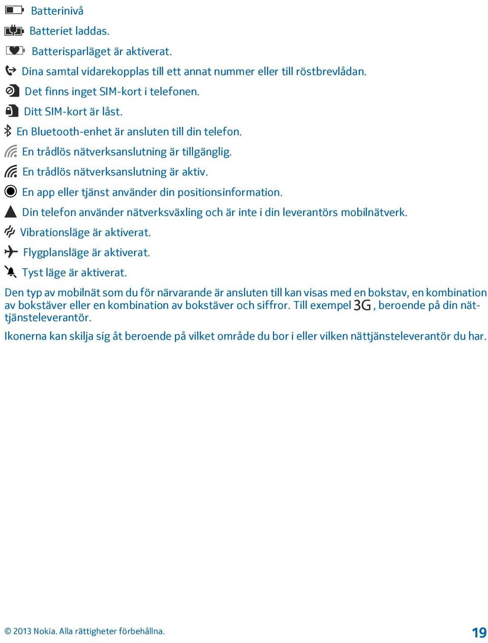 Din telefon använder nätverksväxling och är inte i din leverantörs mobilnätverk. Vibrationsläge är aktiverat. Flygplansläge är aktiverat. Tyst läge är aktiverat.
