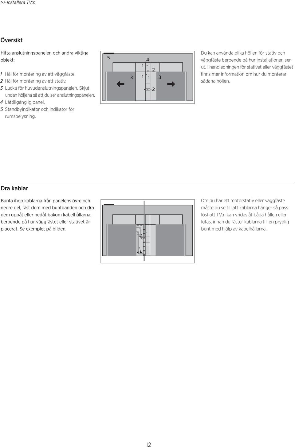 Skjut undan höljena så att du ser anslutningspanelen. 4 Lättillgänglig panel. 2 5 Standbyindikator och indikator för rumsbelysning.