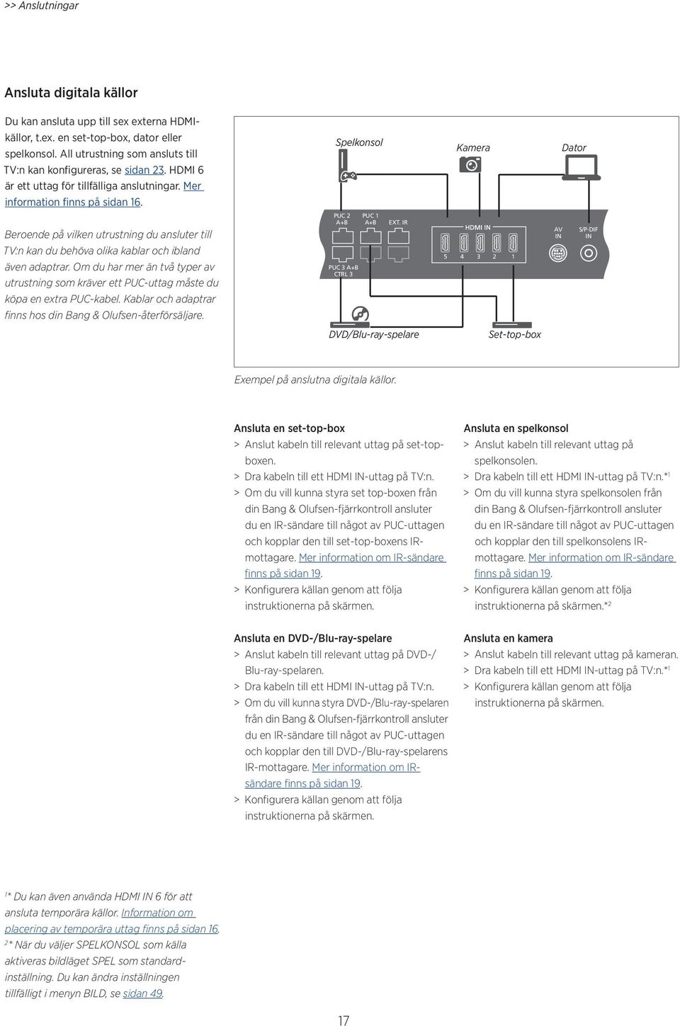 Beroende på vilken utrustning du ansluter till PUC 2 A+B PUC 1 A+B EXT. IR AV IN S/P-DIF IN TV:n kan du behöva olika kablar och ibland även adaptrar.