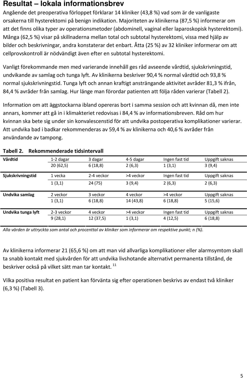 Många (62,5 %) visar på skillnaderna mellan total och subtotal hysterektomi, vissa med hjälp av bilder och beskrivningar, andra konstaterar det enbart.