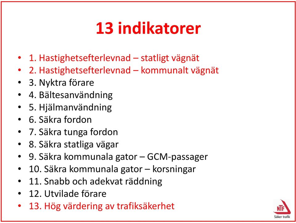 Hjälmanvändning 6. Säkra fordon 7. Säkra tunga fordon 8. Säkra statliga vägar 9.