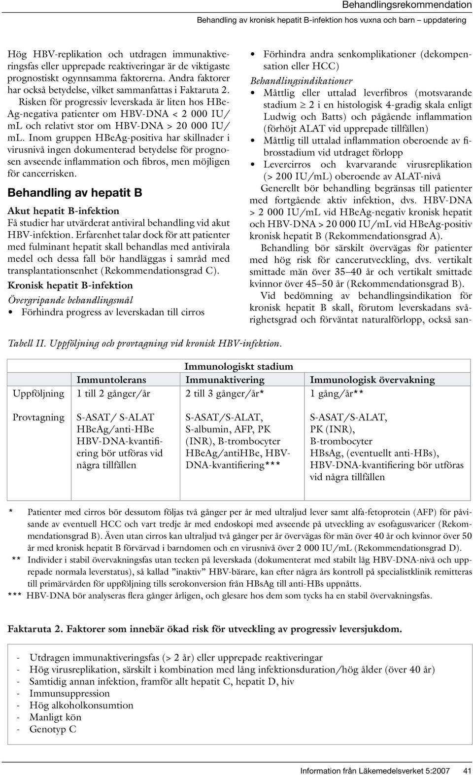 Risken för progressiv leverskada är liten hos HBe- Ag-negativa patienter om HBV-DNA < 2 000 IU/ ml och relativt stor om HBV-DNA > 20 000 IU/ ml.