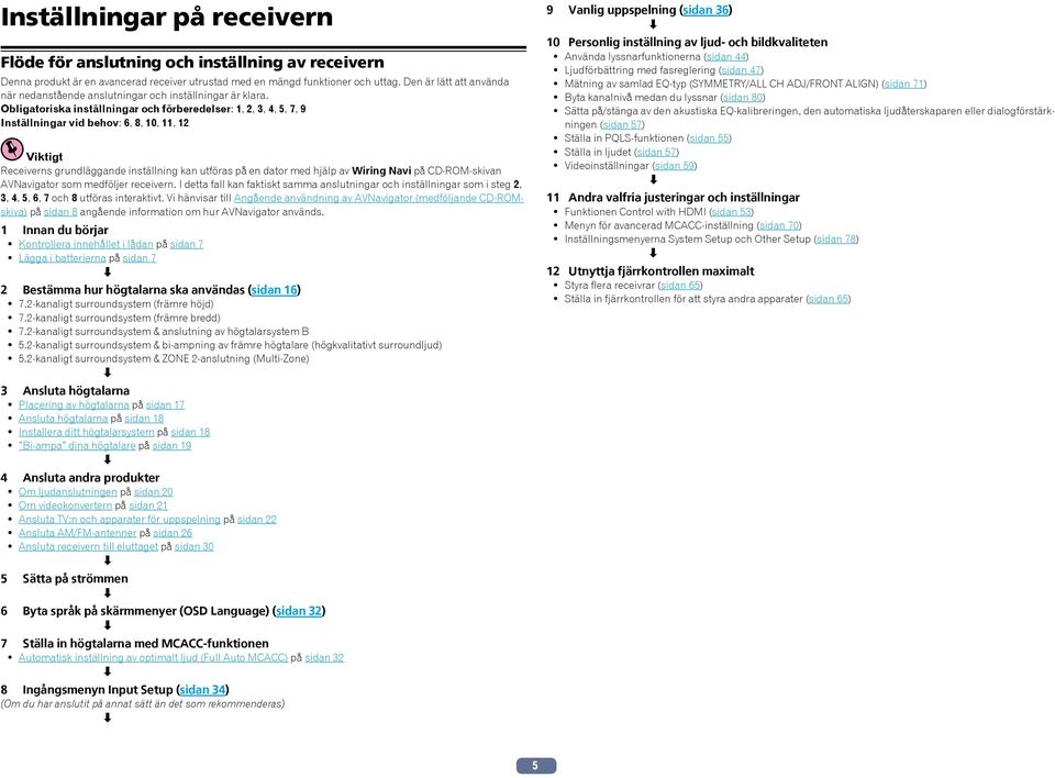 Obligatoriska inställningar och förberedelser:,,, 4, 5, 7, 9 Inställningar vid behov: 6, 8, 0,, Viktigt Receiverns grundläggande inställning kan utföras på en dator med hjälp av Wiring Navi på