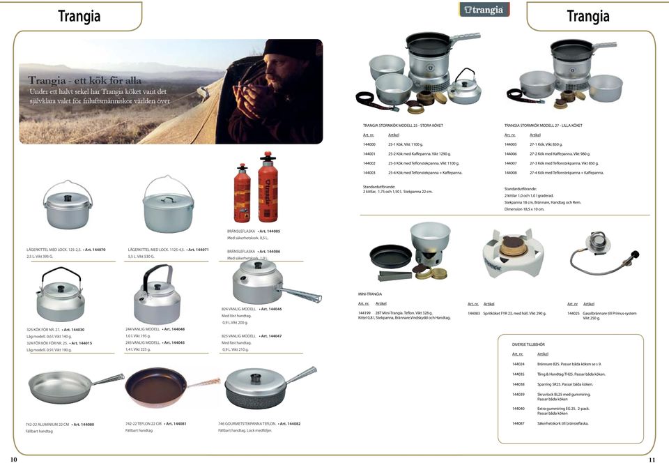 144007 27-3 Kök med Teflonstekpanna. Vikt 850 g. 144008 27-4 Kök med Teflonstekpanna + Kaffepanna. Standardutförande: 2 kittlar, 1,75 och 1,50 l, Stekpanna 22 cm.