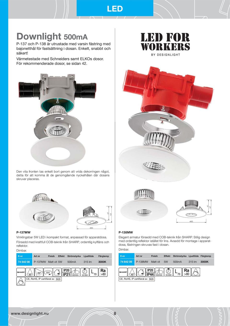 P-137MW Vinklingsbar 5W LED i kompakt format, anpassad för apparatdosa. Försedd med kraftfull COB-teknik från SHARP, ordentlig kylfläns och reflektor. Dimbar.