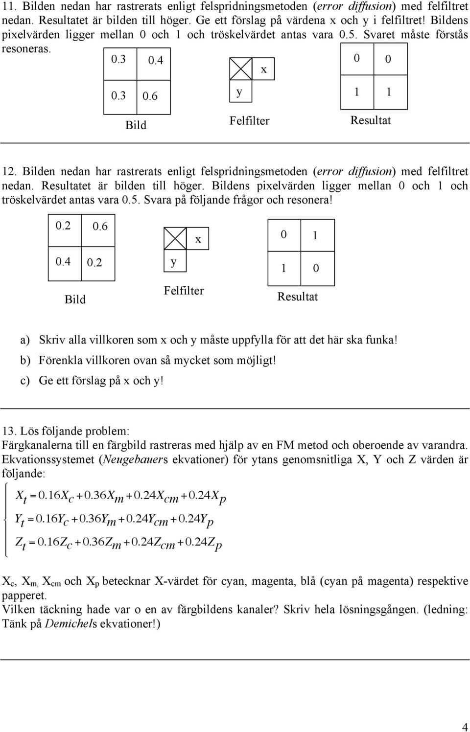 en nedan har rastrerats enligt felspridningsmetoden (error diffusion) med felfiltret nedan. Resultatet är bilden till höger. ens pixelvärden ligger mellan och och tröskelvärdet antas vara.5.